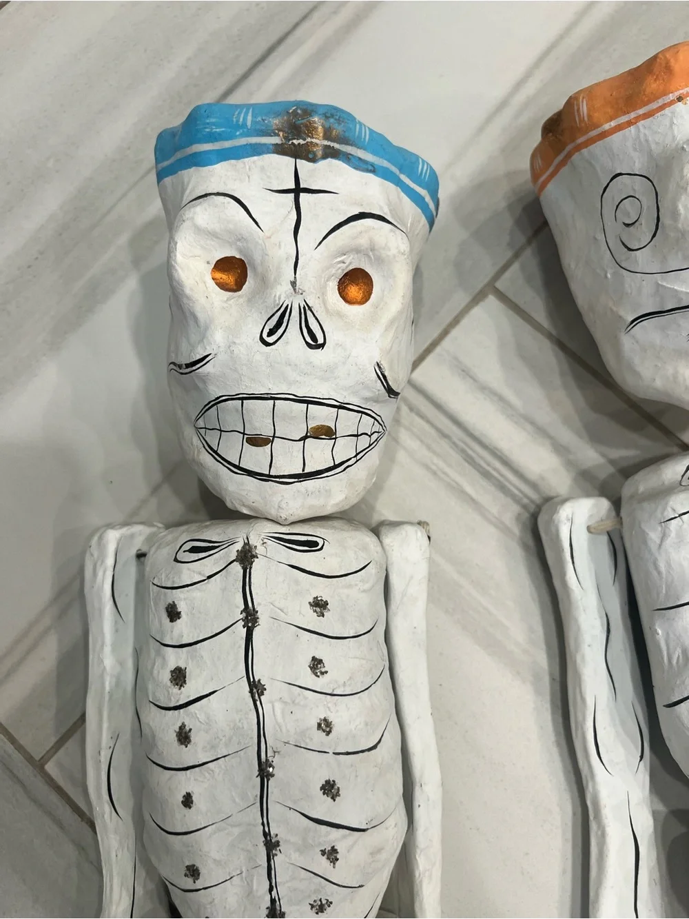2 Vintage Handmade Mexican Folk Art Paper Mache Skeleton